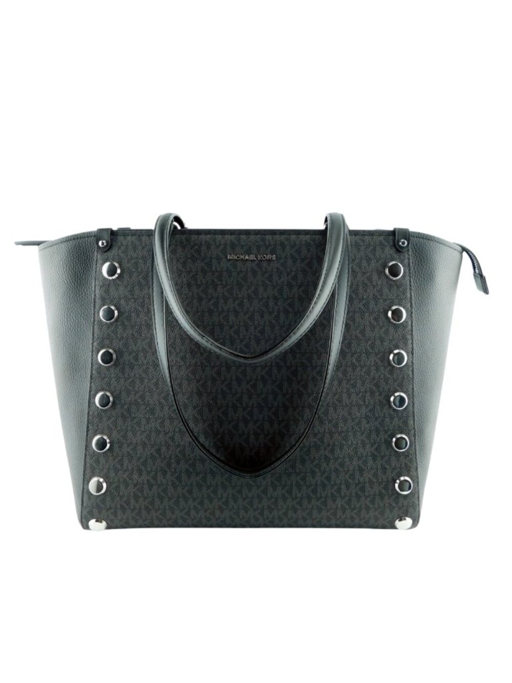 MICHAEL KORS Black MK Signature Logo Monogram Studded Tote Bag With Zip Top